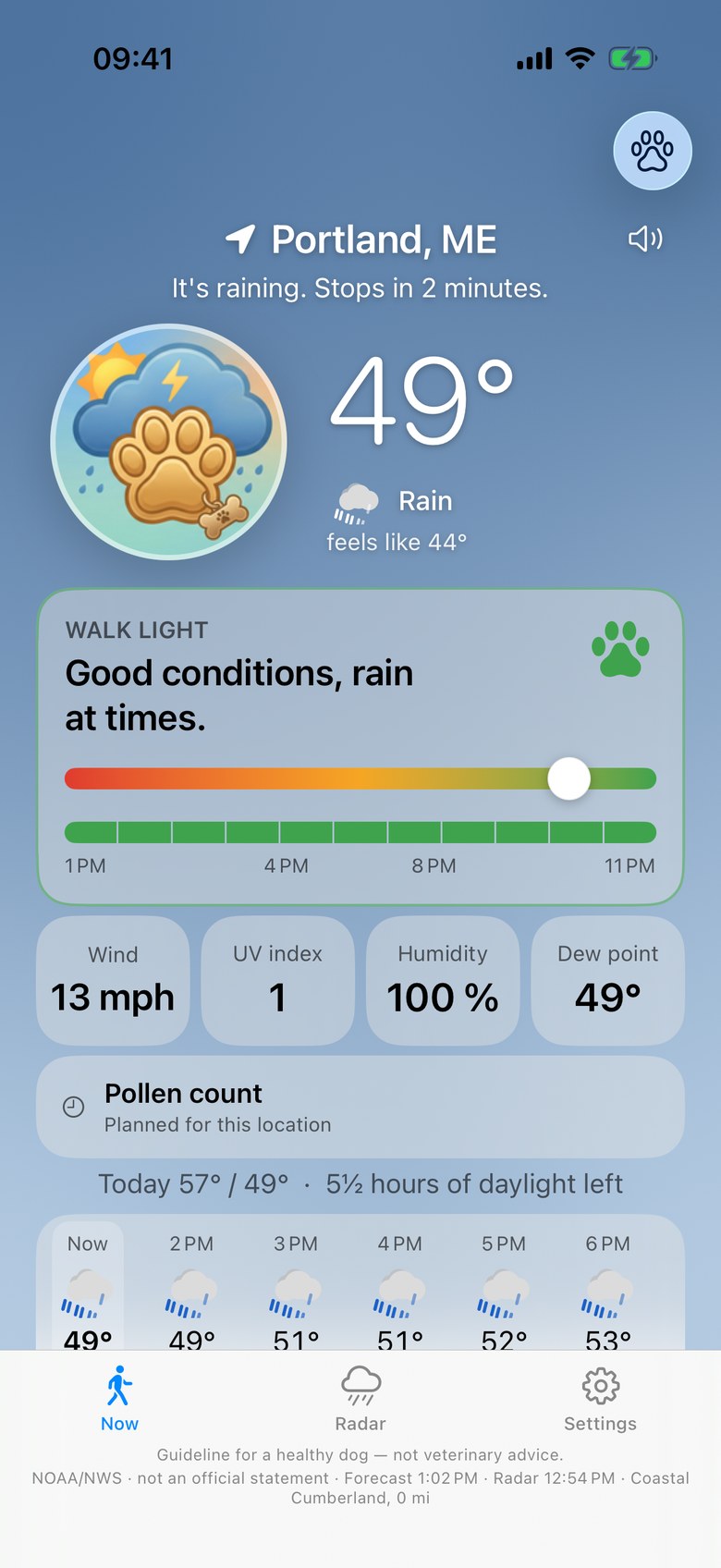 Now screen of the app in Portland, ME, in the rain: the app icon as an avatar next to 49 °F, the walk light as a card with its scale and day band, wind, humidity and dew point, and the hourly strip