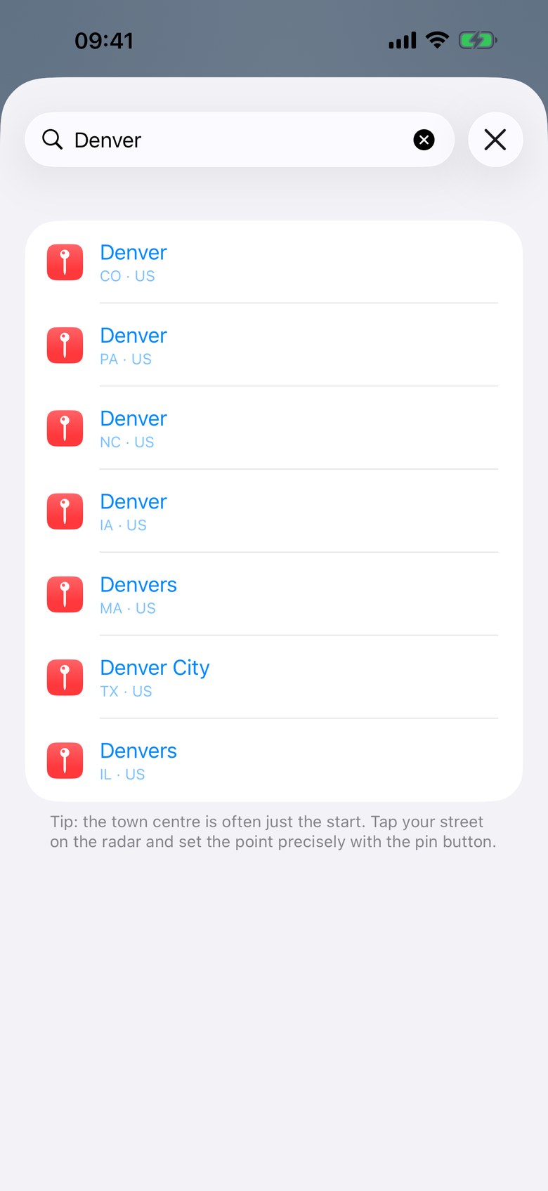Location entry: a search field with „Denver
