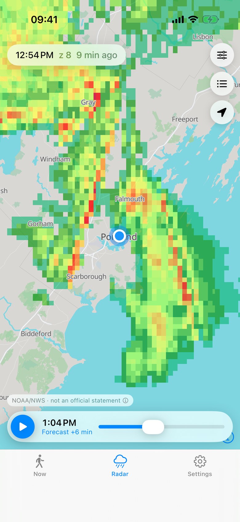 Radar view of the app over Portland, Maine: rain bands along the coast, your location and the timeline for past and forecast